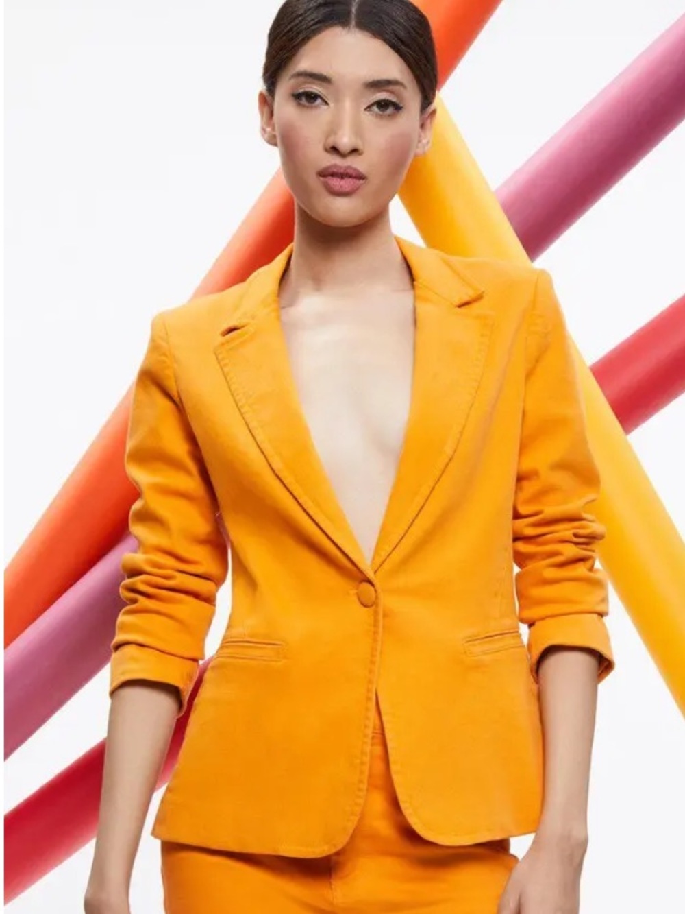 Alice + Olivia Macey Notch Lapel Orange Tangerine Denim Stretch Blazer size 6